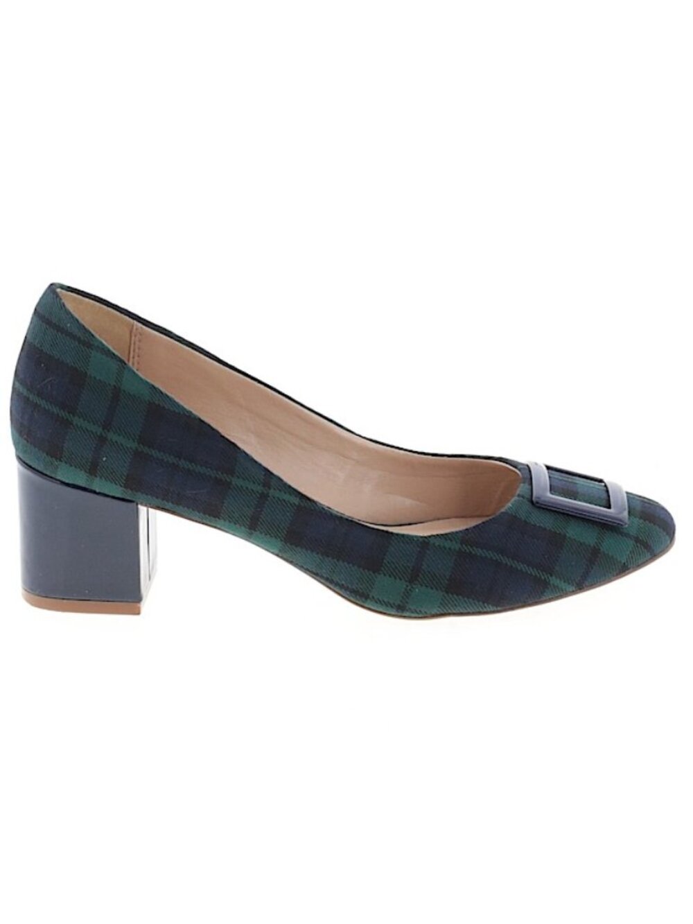 Crown & Ivy green, navy tartan plaid block heels, size 7.5